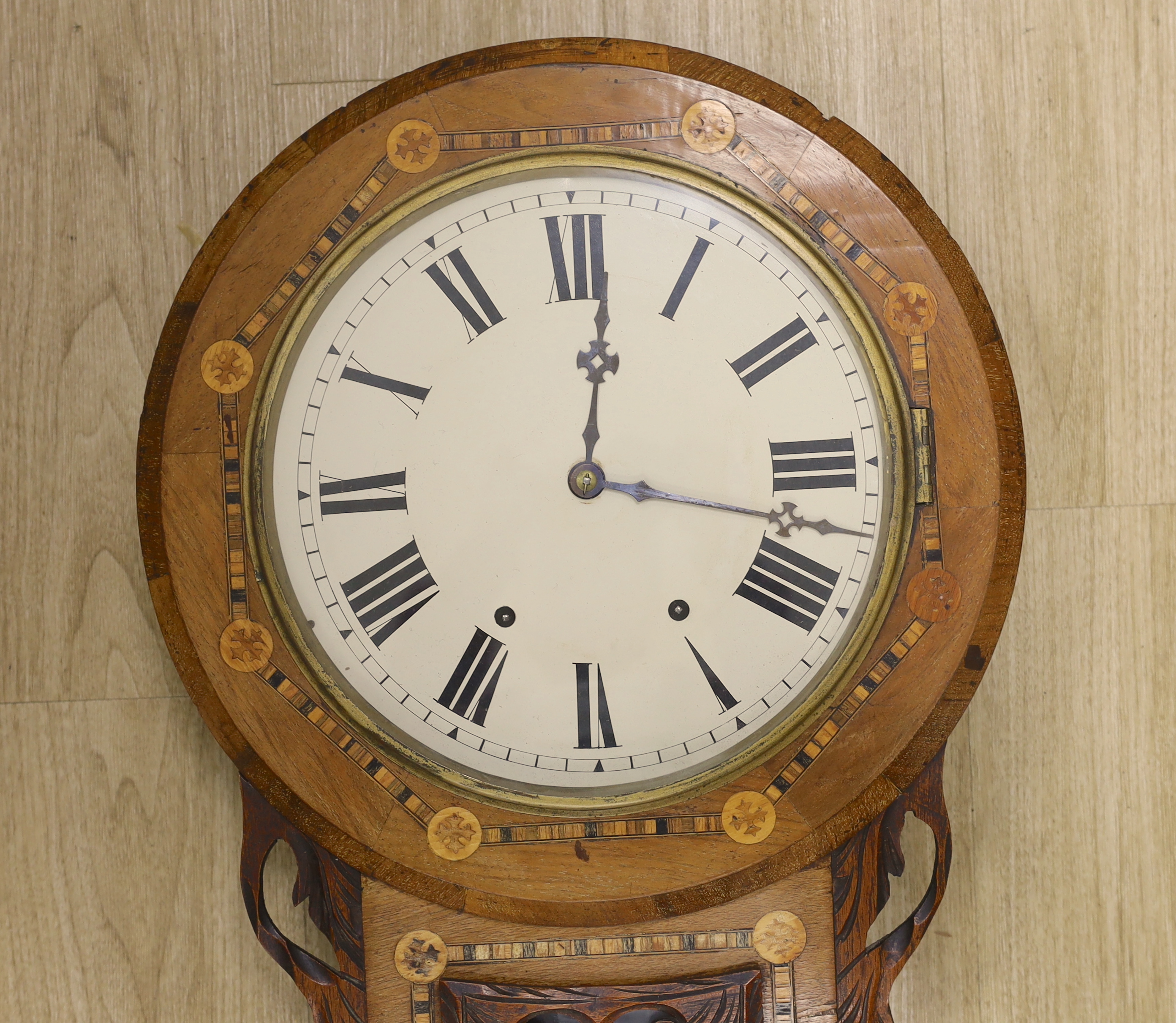 A late 19th century inlaid drop dial wall clock, 70cm